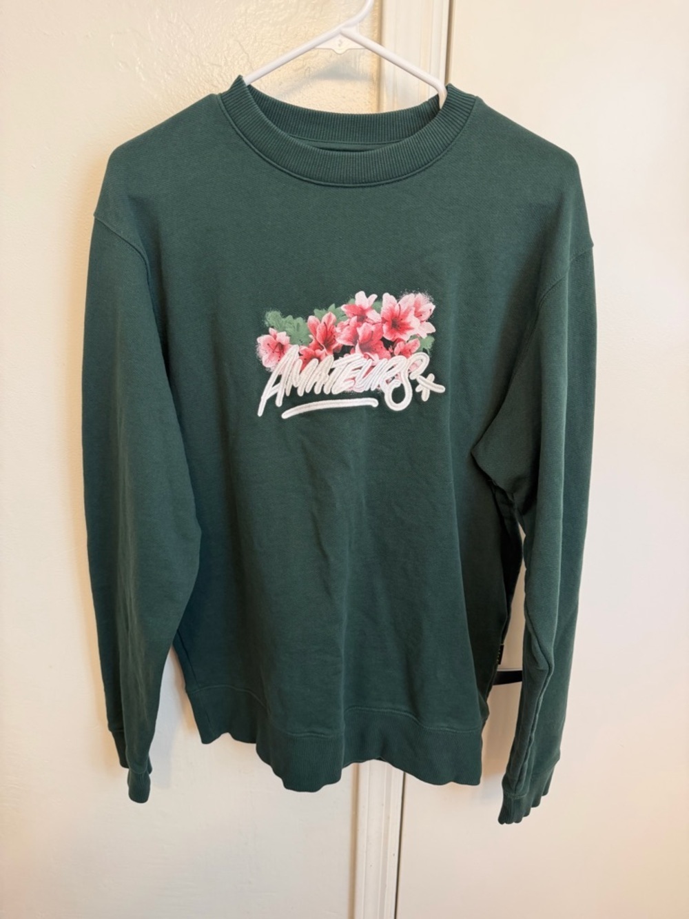 Bad Birdie Amateurs Dark Green Crewneck Sweatshirt with Pink Floral Logo Small